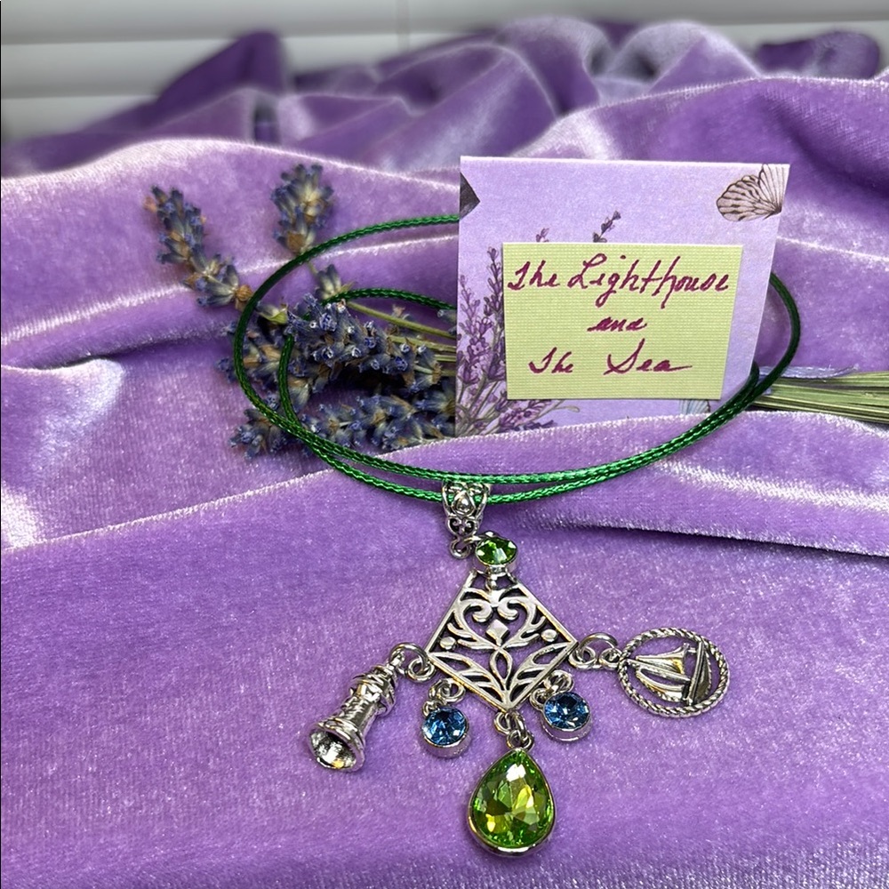 💚 “The Lighthouse & The Sea” Lovely Silver Charm Necklace Green and Blue Accents